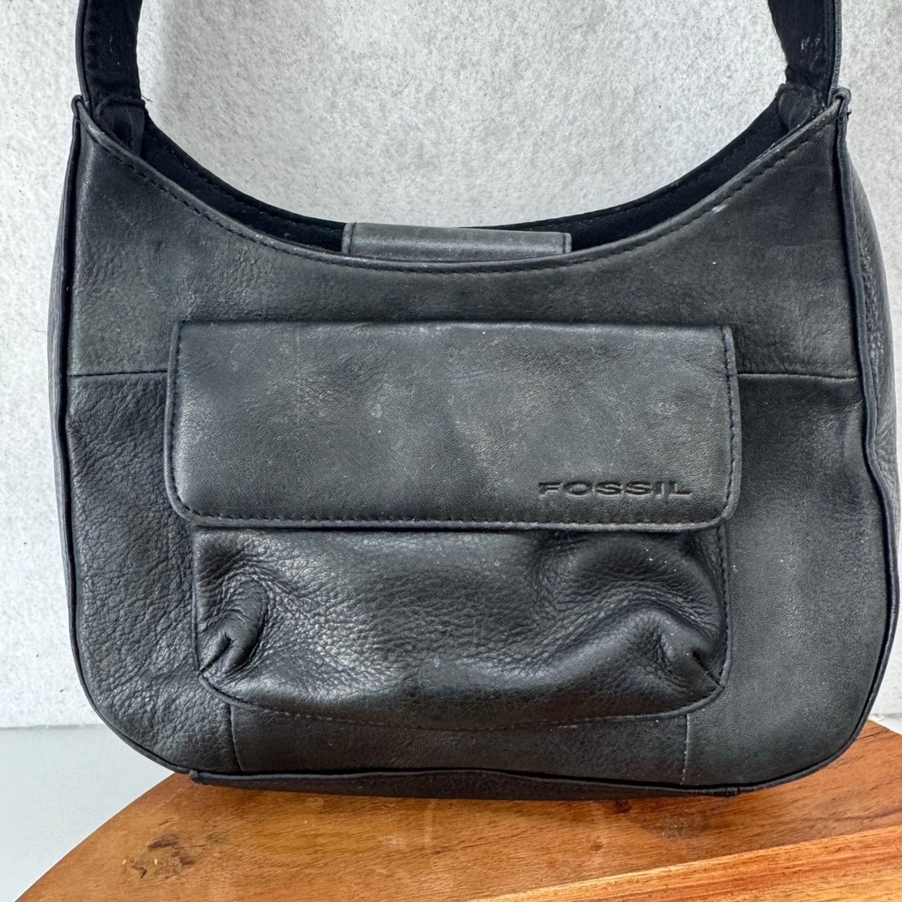 VTG Fossil Black Leather Shoulder Bag Purse Y2K‎ Flap Pocket Zip Organizer - Picture 2 of 7